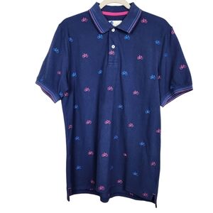 Boden Bicycle Print Blue Pink Striped Short Sleeve Polo Shirt Preppy Mens Size M